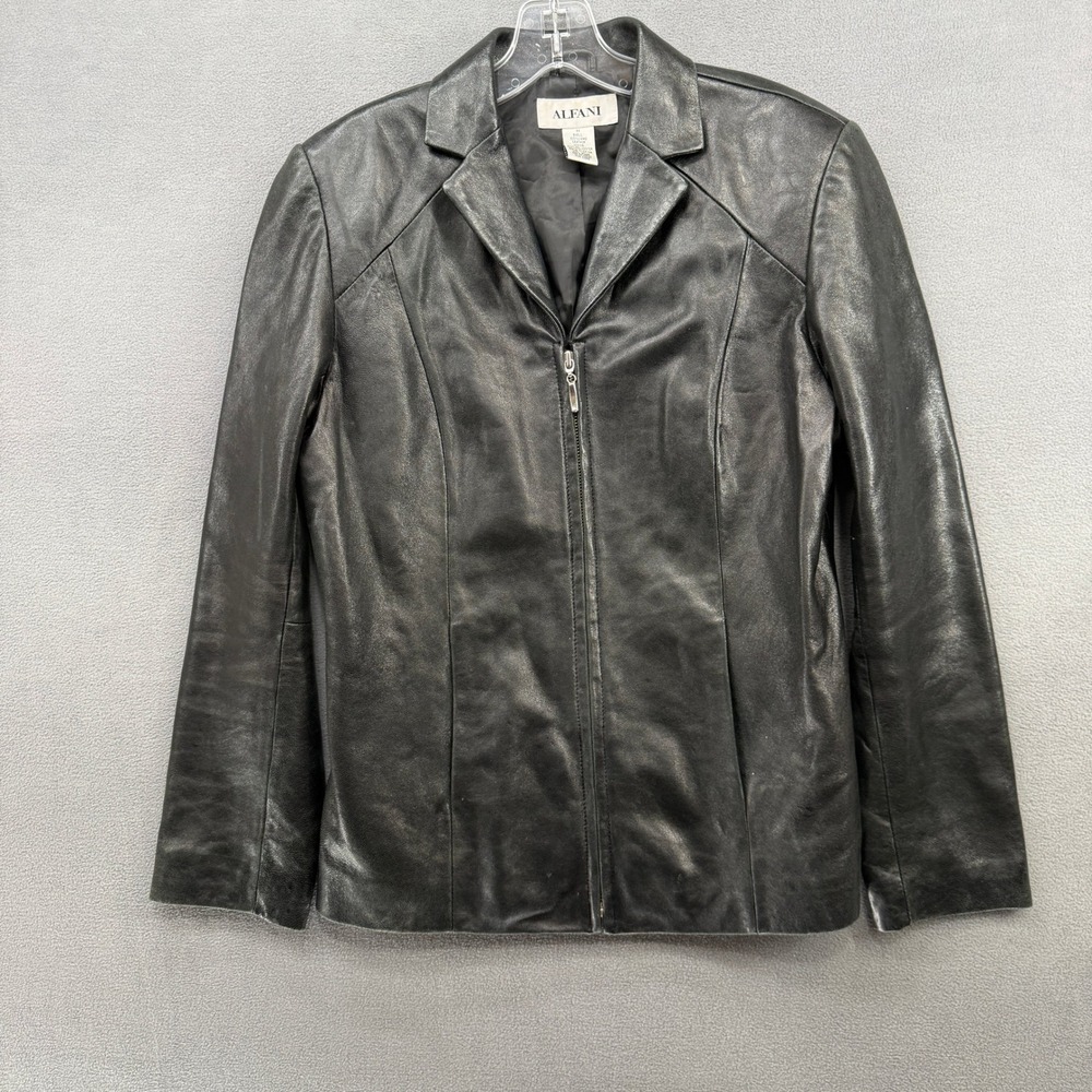 Alfani Womens Black 100% Lamb Leather Zip Front Jacket Blazer Size M